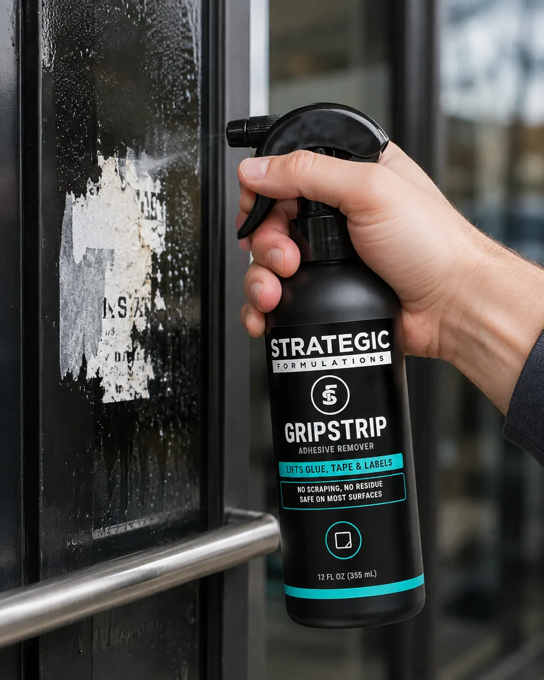 Spraying GRIPSTRIP on old sticker residue on a storefront door