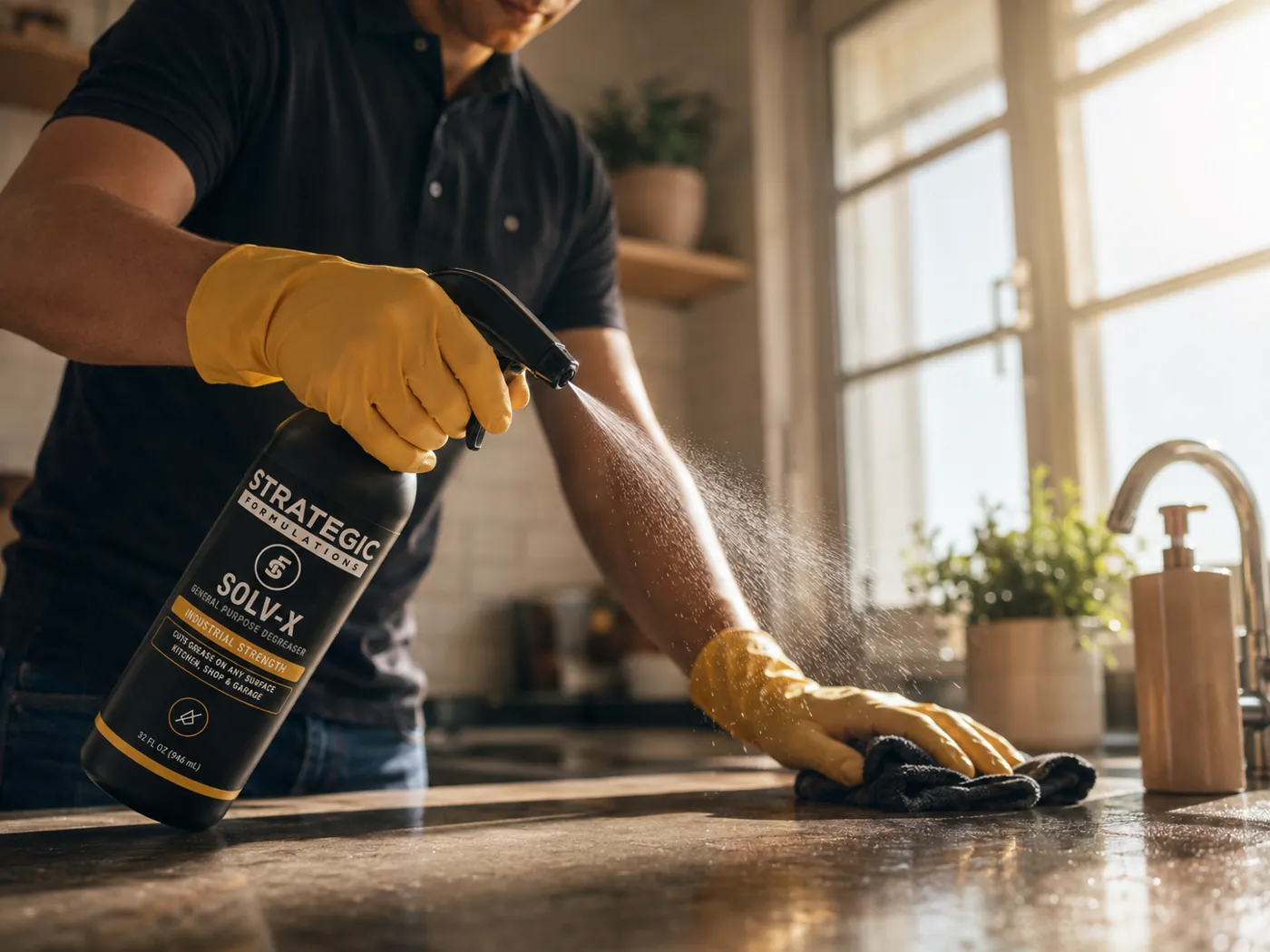 Degreasing a kitchen counter with SOLV-X, gloves on