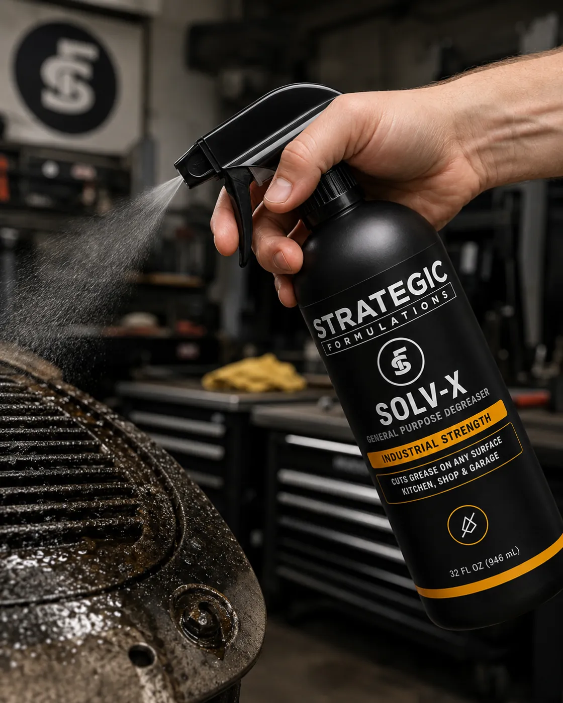 Spraying SOLV-X on a greasy part in the shop, the Strategic Formulations badge on the wall behind