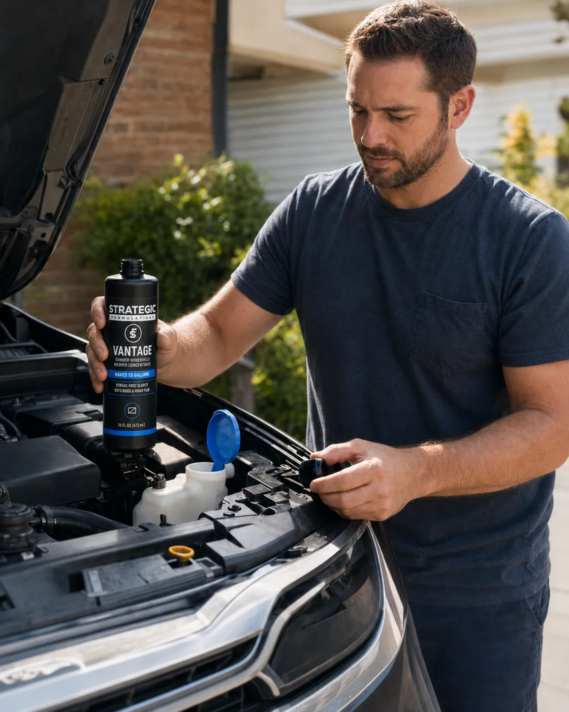 Measuring VANTAGE into a part-filled washer reservoir in the driveway